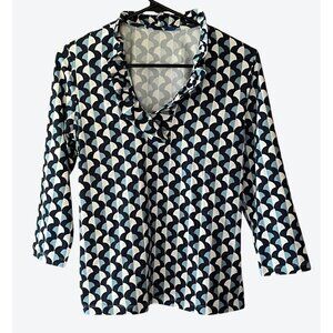 J. McLaughlin Women's Small 3/4 Sleeve Geometric Top Navy Light Blue White